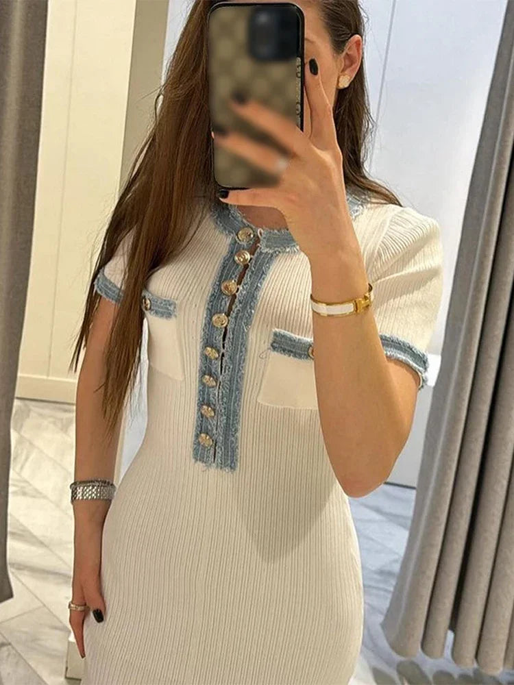 Women’s Elegant V-Neck Denim Patchwork Knitted Long Dress - Short Sleeved Button Bodycon Dress with Pockets for Office Lady Fashion