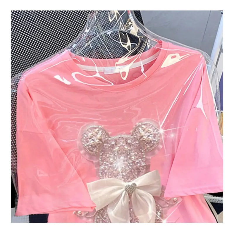 "Plus Size Women's T-Shirt – Shiny Bear Print with Bowknot, Diamond Inlay, Korean Fashion" - Faith Affinity