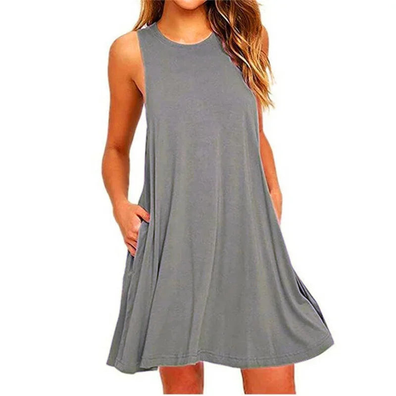 "Women's Casual Summer Dress – Plain Pleated Tank T-Shirt Dress with Pockets, Beach Cover-up"