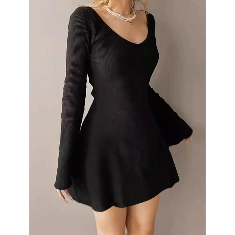 "Elegant Black V-Neck Long Sleeve Mini Dress for Women – Slim Fit, Sexy Autumn Winter Fashion" - Faith Affinity