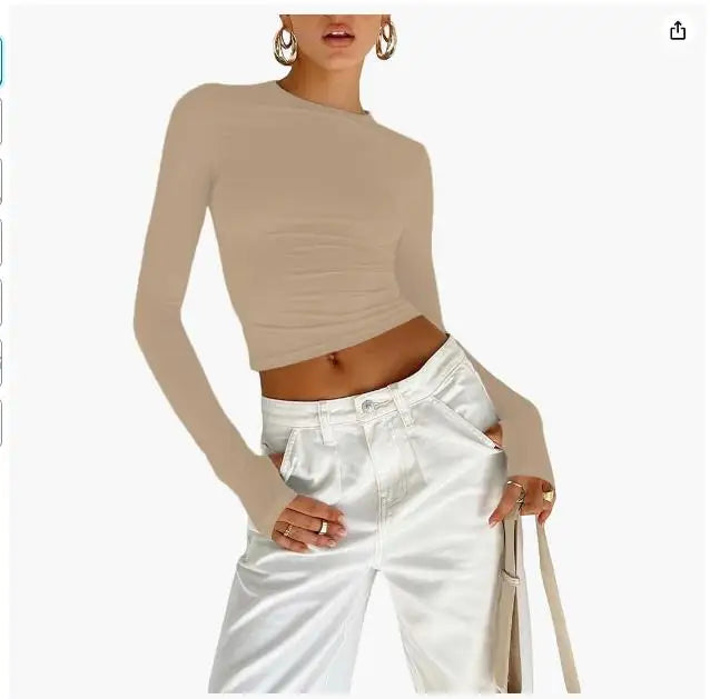 "Women's Long Sleeve Crew Neck Slim Fit Crop Top - Solid Fashion with Thumb Holes for Streetwear and Summer Outfits"