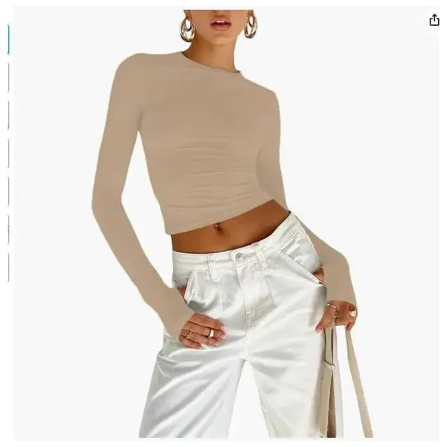 "Women's Long Sleeve Crew Neck Slim Fit Crop Top - Solid Fashion with Thumb Holes for Streetwear and Summer Outfits" - Faith Affinity