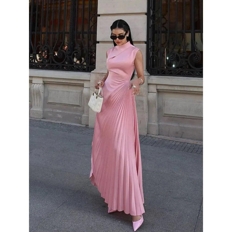 Fashion Women’s Solid Pleated Maxi Dress - Elegant Oblique Neck Sleeveless High Waist Party Dress, Chic Robe - Faith Affinity