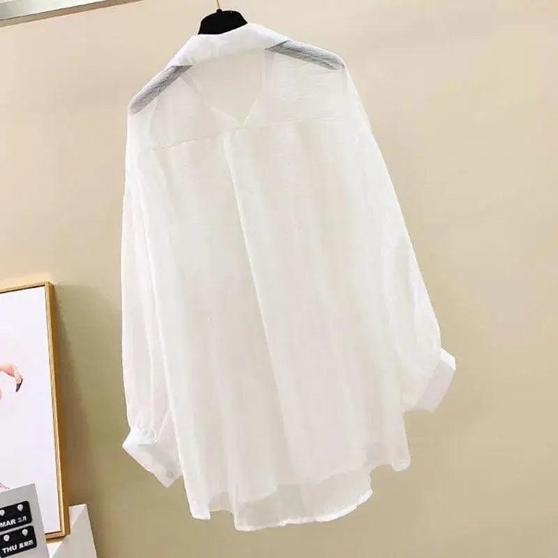 Women’s Summer Sunscreen Shirt - Elegant Perspective Thin Chiffon Blouse, Korean Harajuku See-Through Loose Top & Casual Cardigan - Faith Affinity