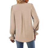 "Women’s Solid Color Chiffon Shirt – V-Neck Pullover Flared Long Sleeves Office Blouse in Elegant Khaki" - Faith Affinity