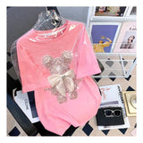 "Plus Size Women's T-Shirt – Shiny Bear Print with Bowknot, Diamond Inlay, Korean Fashion" - Faith Affinity