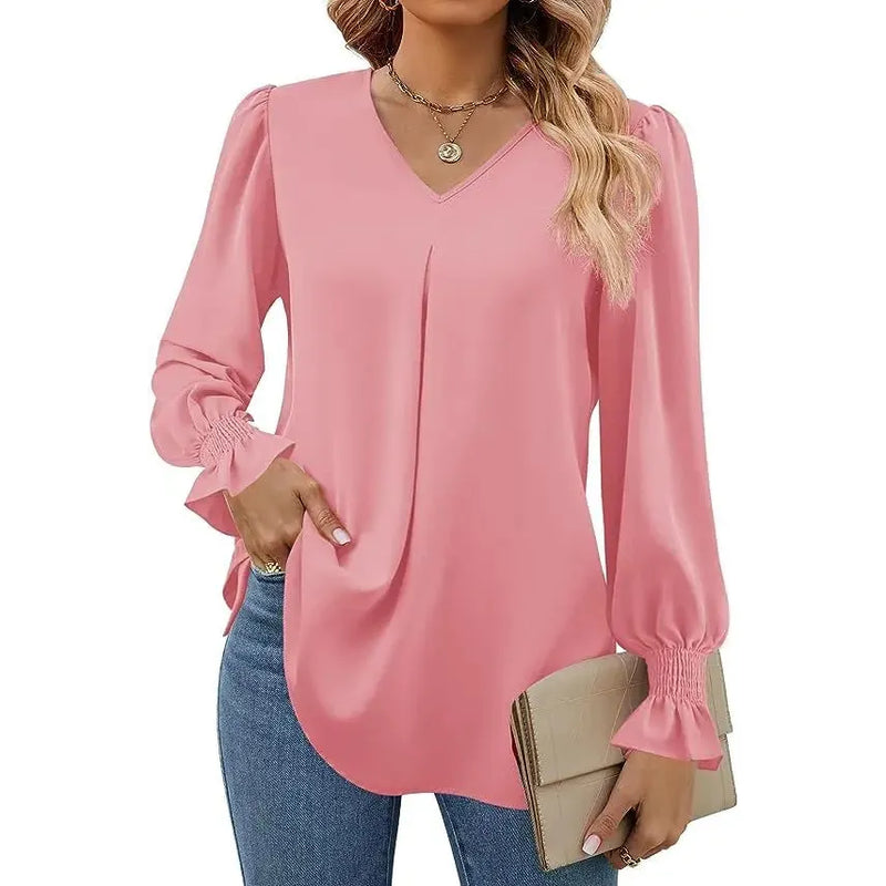 "Women’s Solid Color Chiffon Shirt – V-Neck Pullover Flared Long Sleeves Office Blouse in Elegant Khaki" - Faith Affinity