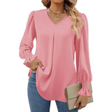 "Women’s Solid Color Chiffon Shirt – V-Neck Pullover Flared Long Sleeves Office Blouse in Elegant Khaki" - Faith Affinity