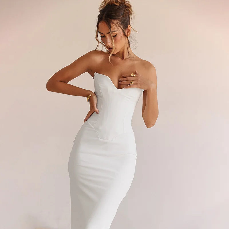 "WannaThis Women's Strapless Corset Midi Dress - Sleeveless Backless Bodycon Prom Dress, Sexy Elegant Evening Formal Streetwear 2025"