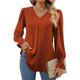 "Women’s Solid Color Chiffon Shirt – V-Neck Pullover Flared Long Sleeves Office Blouse in Elegant Khaki" - Faith Affinity