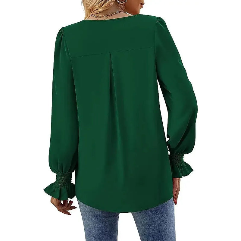 "Women’s Solid Color Chiffon Shirt – V-Neck Pullover Flared Long Sleeves Office Blouse in Elegant Khaki" - Faith Affinity