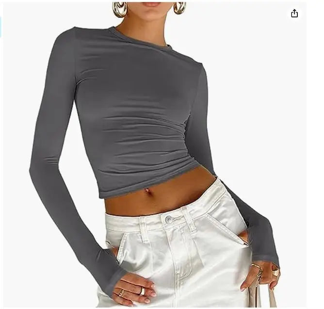 "Women's Long Sleeve Crew Neck Slim Fit Crop Top - Solid Fashion with Thumb Holes for Streetwear and Summer Outfits"