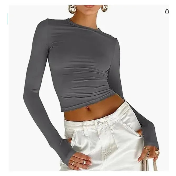 "Women's Long Sleeve Crew Neck Slim Fit Crop Top - Solid Fashion with Thumb Holes for Streetwear and Summer Outfits" - Faith Affinity