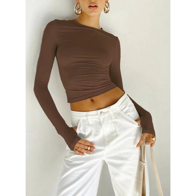 "Women's Long Sleeve Crew Neck Slim Fit Crop Top - Solid Fashion with Thumb Holes for Streetwear and Summer Outfits" - Faith Affinity