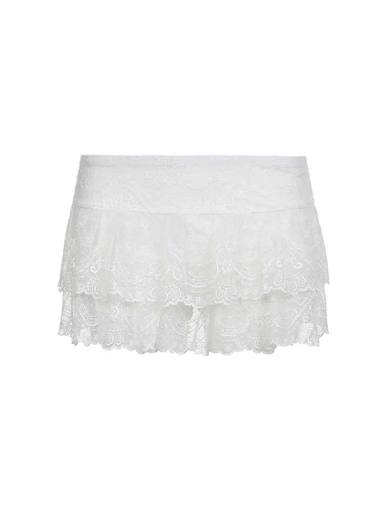 "Women's Black Low Waist Tiered Lace Skirt - White Fairycore Micro Boho Skirt, Trendy Summer Fashion Clothing"