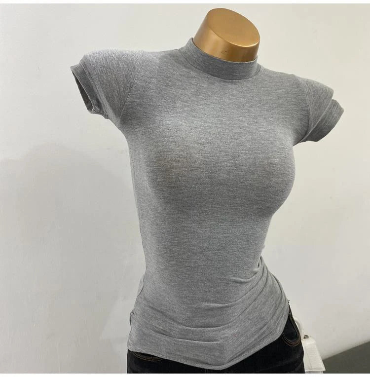 "Women's Half-High Collar Slim Fit T-Shirt - Korean Transparent Short Sleeve Elastic Solid Bottoming Shirt, Sexy Fashion Top"