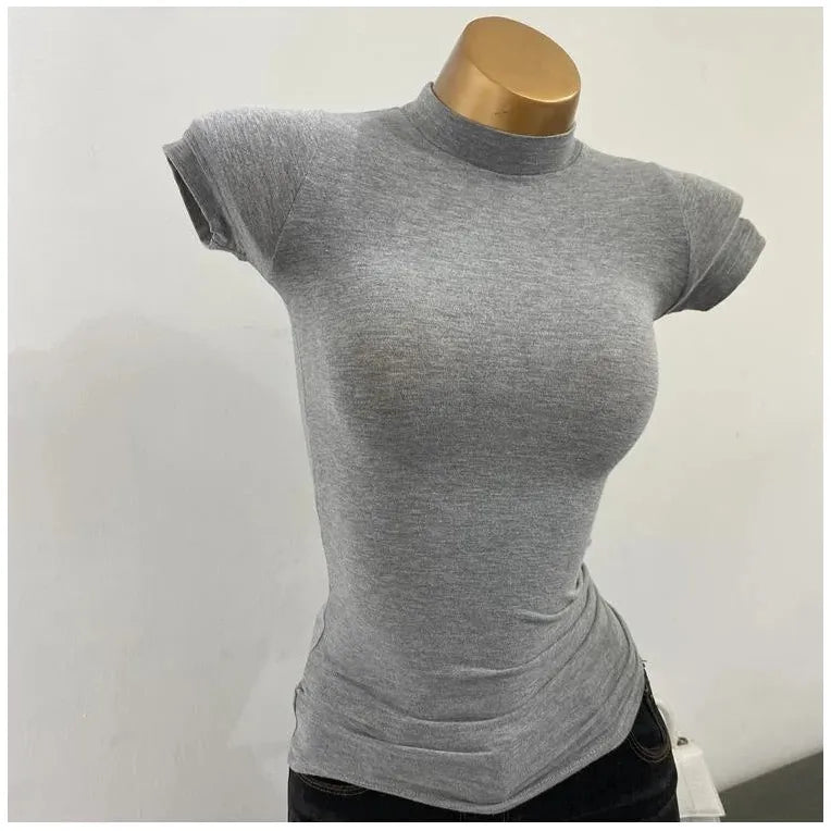 "Women's Half-High Collar Slim Fit T-Shirt - Korean Transparent Short Sleeve Elastic Solid Bottoming Shirt, Sexy Fashion Top" - Faith Affinity