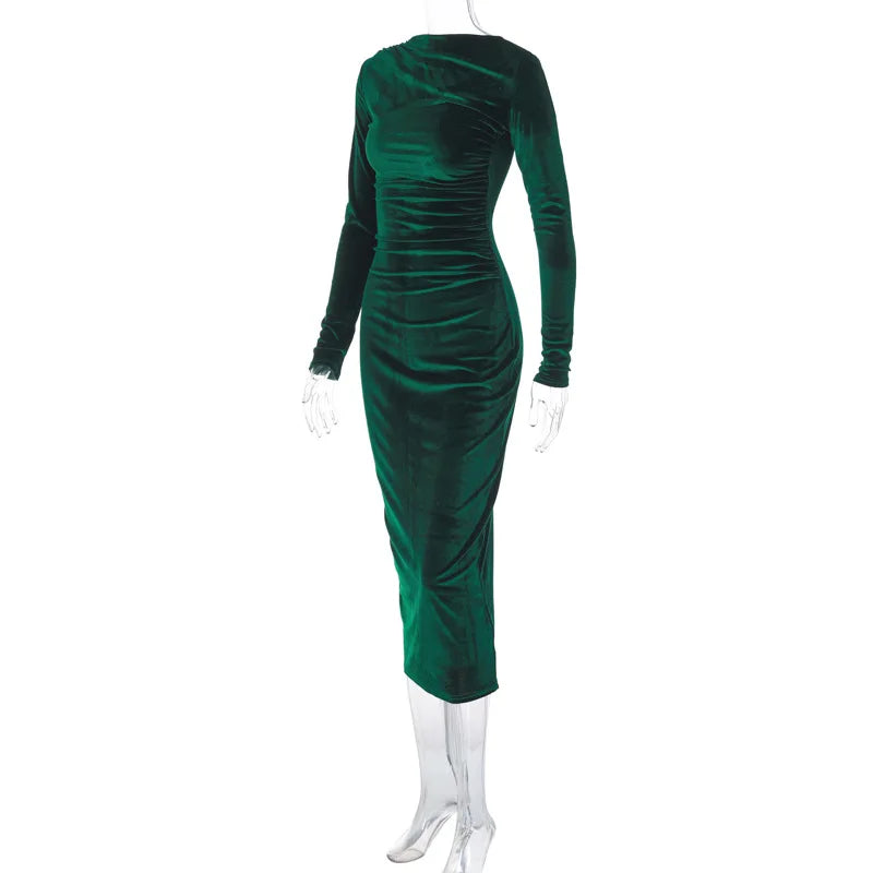 "Dulzura Velvet Long Sleeve Midi Dress for Women – Ruched Elegant Party Wear, Spring Summer 2024 Evening Green Outfi - Faith Affinity