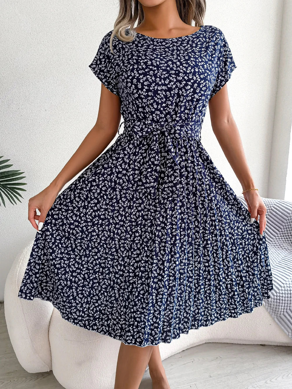 "Women's Floral High Waist A-Line Long Dress - Spring Summer Chic Fashion, Short Sleeve Pleated Maxi Dress"