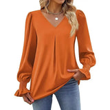 "Women’s Solid Color Chiffon Shirt – V-Neck Pullover Flared Long Sleeves Office Blouse in Elegant Khaki" - Faith Affinity