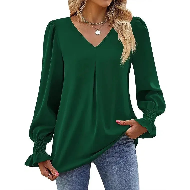 "Women’s Solid Color Chiffon Shirt – V-Neck Pullover Flared Long Sleeves Office Blouse in Elegant Khaki" - Faith Affinity