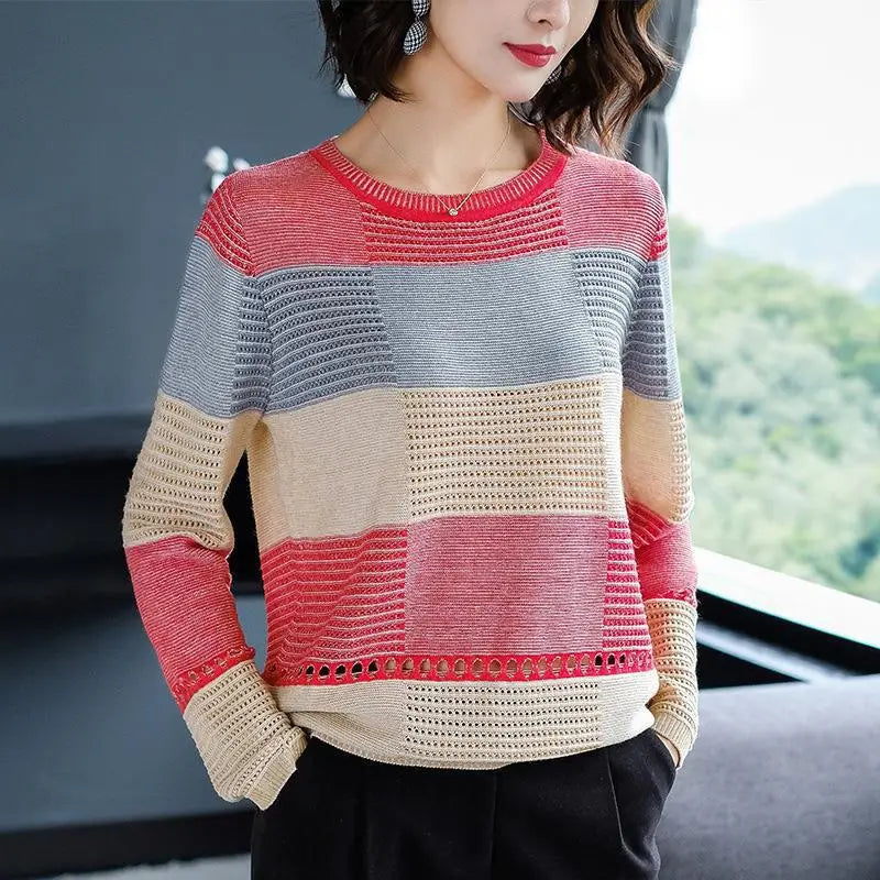 "WTEMPO Women’s Thin Hollow Knit Sweater - Long Sleeve Striped Loose Top for Spring and Autumn Fashion" - Faith Affinity