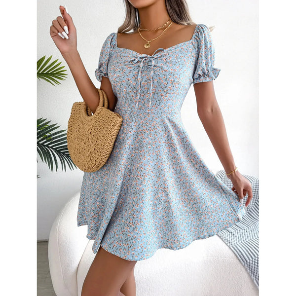 "Spring Summer Floral Ruffles Mini Dress for Women - Square Collar, Casual A-Line Dress with Flare Sleeves and Lace-Up Detail" - Faith Affinity