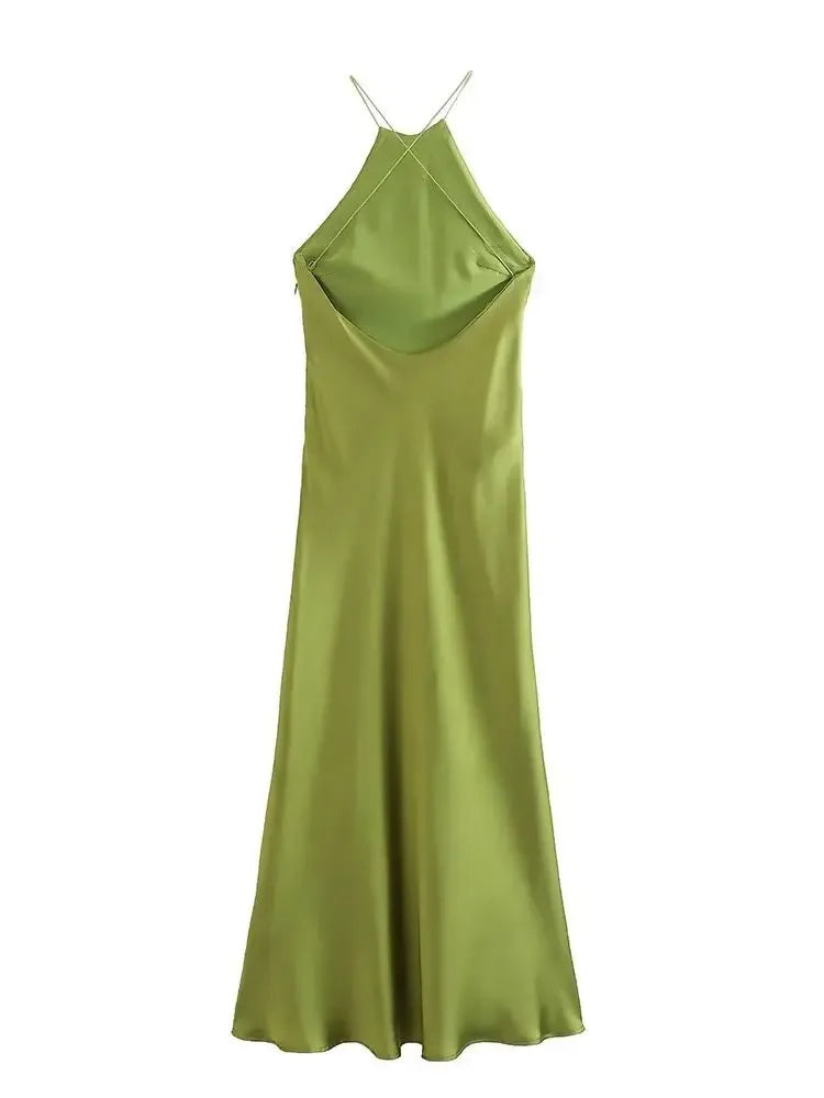 "Women's Fashion Sleeveless Maxi Dress - Summer Silk Satin Outfit for Ladies"