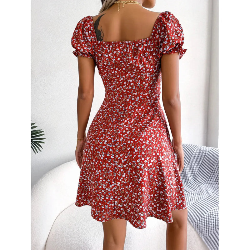 "Spring Summer Floral Ruffles Mini Dress for Women - Square Collar, Casual A-Line Dress with Flare Sleeves and Lace-Up Detail" - Faith Affinity