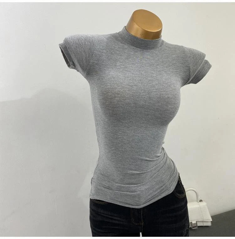 "Women's Half-High Collar Slim Fit T-Shirt - Korean Transparent Short Sleeve Elastic Solid Bottoming Shirt, Sexy Fashion Top"