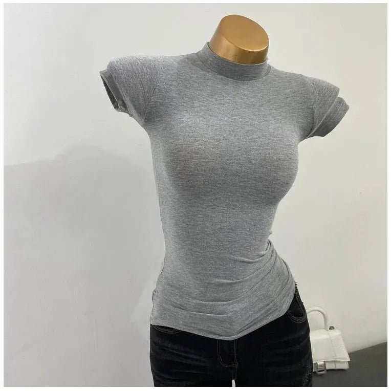 "Women's Half-High Collar Slim Fit T-Shirt - Korean Transparent Short Sleeve Elastic Solid Bottoming Shirt, Sexy Fashion Top" - Faith Affinity