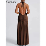 "Nibber Women's Elegant Long Dress - Solid Hipster Halter V-Neck Backless with Shirring & Side Split, High Street Vestidos" - Faith Affinity