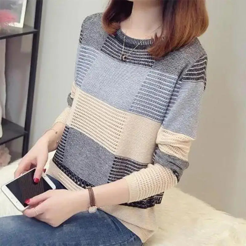 "WTEMPO Women’s Thin Hollow Knit Sweater - Long Sleeve Striped Loose Top for Spring and Autumn Fashion" - Faith Affinity