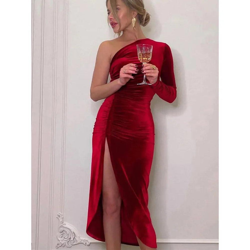 Women’s Elegant Velvet Bodycon Midi Dress - Long Sleeve Split Pencil Dress for Party & Evening Wear, Spring Autumn Fashion - Faith Affinity