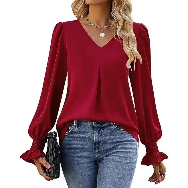 "Women’s Solid Color Chiffon Shirt – V-Neck Pullover Flared Long Sleeves Office Blouse in Elegant Khaki" - Faith Affinity