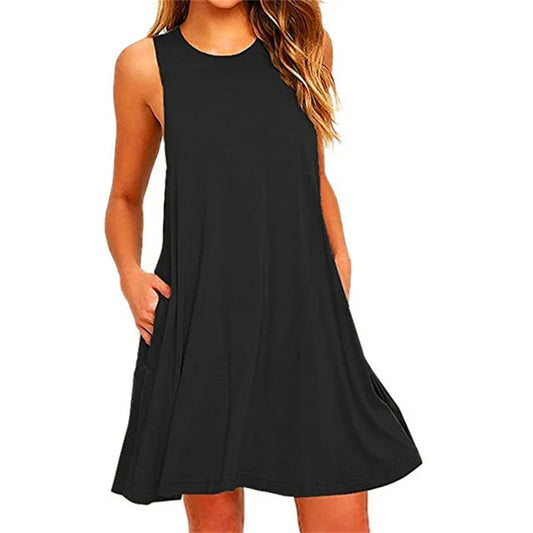 "Women's Casual Summer Dress – Plain Pleated Tank T-Shirt Dress with Pockets, Beach Cover-up"