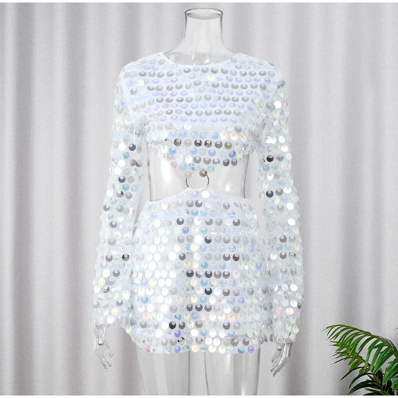 Women’s 2025 Fashion Glitter Sequin Hollow-Out Mini Dress - Elegant Round Neck Long Sleeves Short Party Dress, Chic Outfit