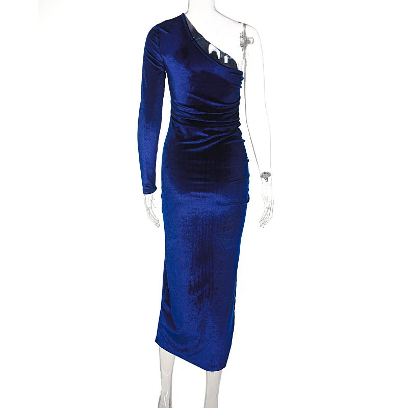 Women’s Elegant Velvet Bodycon Midi Dress - Long Sleeve Split Pencil Dress for Party & Evening Wear, Spring Autumn Fashion