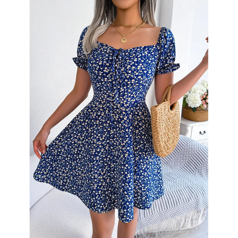 "Spring Summer Floral Ruffles Mini Dress for Women - Square Collar, Casual A-Line Dress with Flare Sleeves and Lace-Up Detail" - Faith Affinity