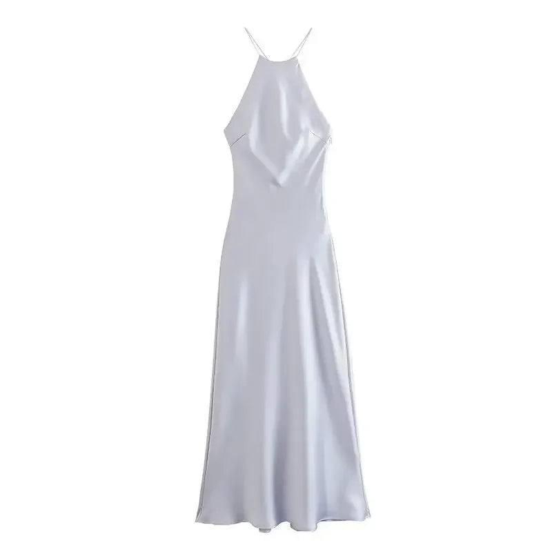 "Women's Fashion Sleeveless Maxi Dress - Summer Silk Satin Outfit for Ladies"