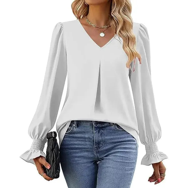 "Women’s Solid Color Chiffon Shirt – V-Neck Pullover Flared Long Sleeves Office Blouse in Elegant Khaki" - Faith Affinity