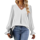 "Women’s Solid Color Chiffon Shirt – V-Neck Pullover Flared Long Sleeves Office Blouse in Elegant Khaki" - Faith Affinity