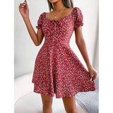 "Spring Summer Floral Ruffles Mini Dress for Women - Square Collar, Casual A-Line Dress with Flare Sleeves and Lace-Up Detail" - Faith Affinity