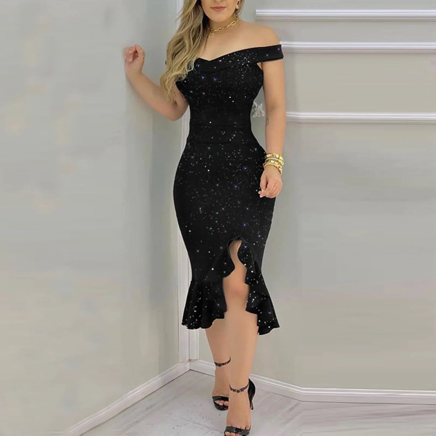 "Women's Sexy Summer Off-Shoulder Dress - Short Sleeve Sequin Ruffle Chiffon Dress with Irregular Hem"