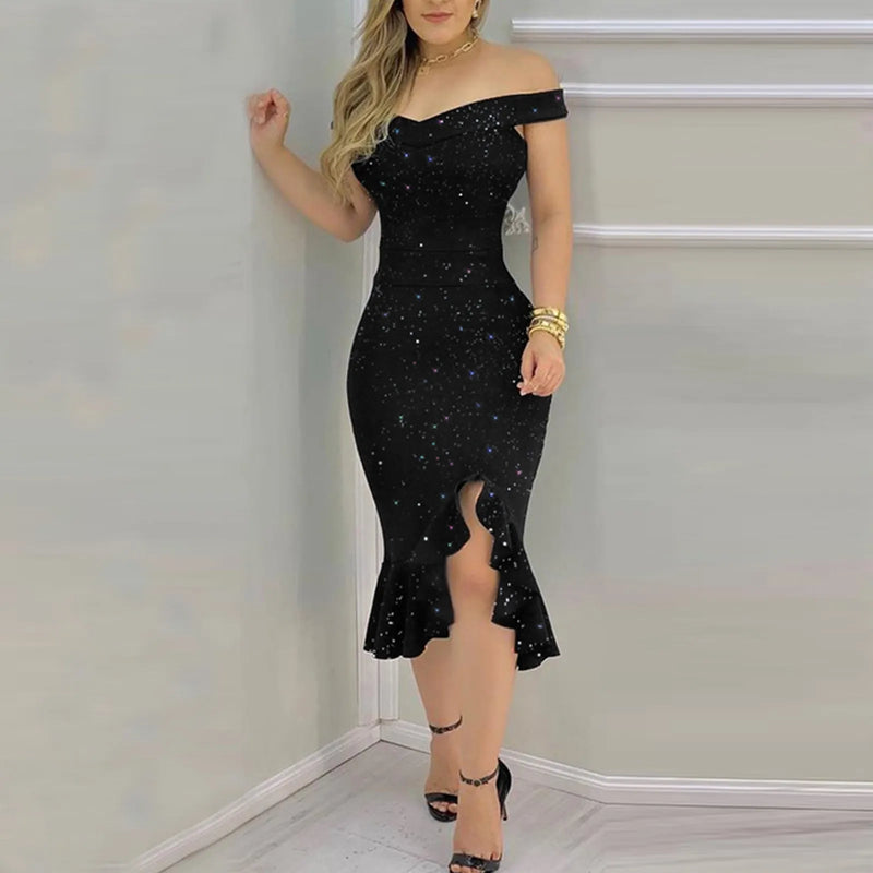 "Women's Sexy Summer Off-Shoulder Dress - Short Sleeve Sequin Ruffle Chiffon Dress with Irregular Hem" - Faith Affinity