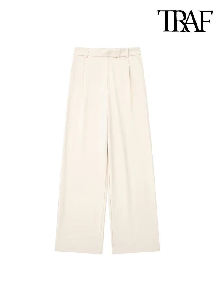 "TRAF Women's Vintage High Waist Wide Leg Pants with Front Darts & Pockets - Zipper Fly, Fashion Female Trousers"