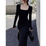 Sexy Side Slit Dress for Women Tight-fitting Wrap Hip Over-the-knee Long Sleeved Dresses Black Street Bodycon Spring Autumn - Faith Affinity