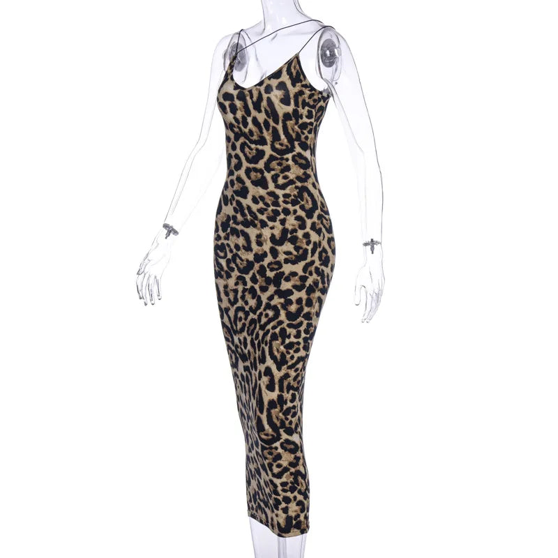 "2025 Women's Leopard Print Sleeveless V-Neck Midi Dress - Sexy Spring Streetwear Christmas Party Outfit, Fashionable Women’s Clothing" - Faith Affinity