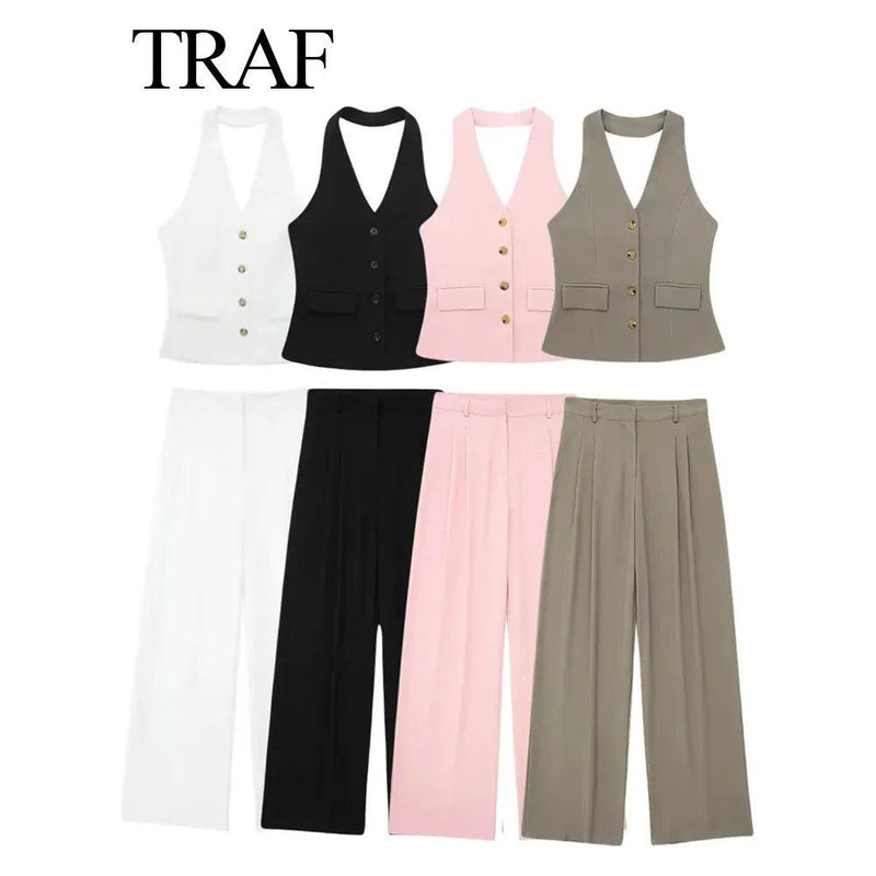 TRAF Women’s 2-Piece Set - Halter Neck Sleeveless Vest Top + High Waist Zipper Pocket Wide Leg Pants, Fashion Outfit - Faith Affinity