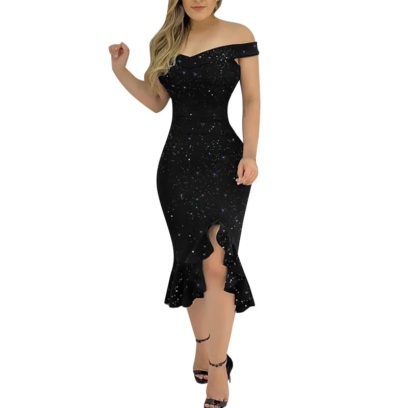 "Women's Sexy Summer Off-Shoulder Dress - Short Sleeve Sequin Ruffle Chiffon Dress with Irregular Hem" - Faith Affinity